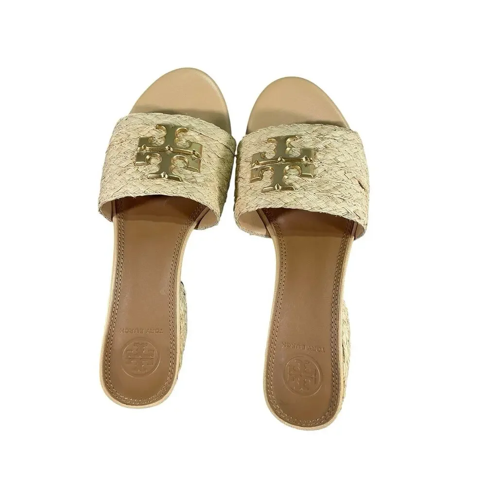 Tory Burch Everly Leather Heel Block Sandal- Raffia Material Size 6M - Picture 3 of 10
